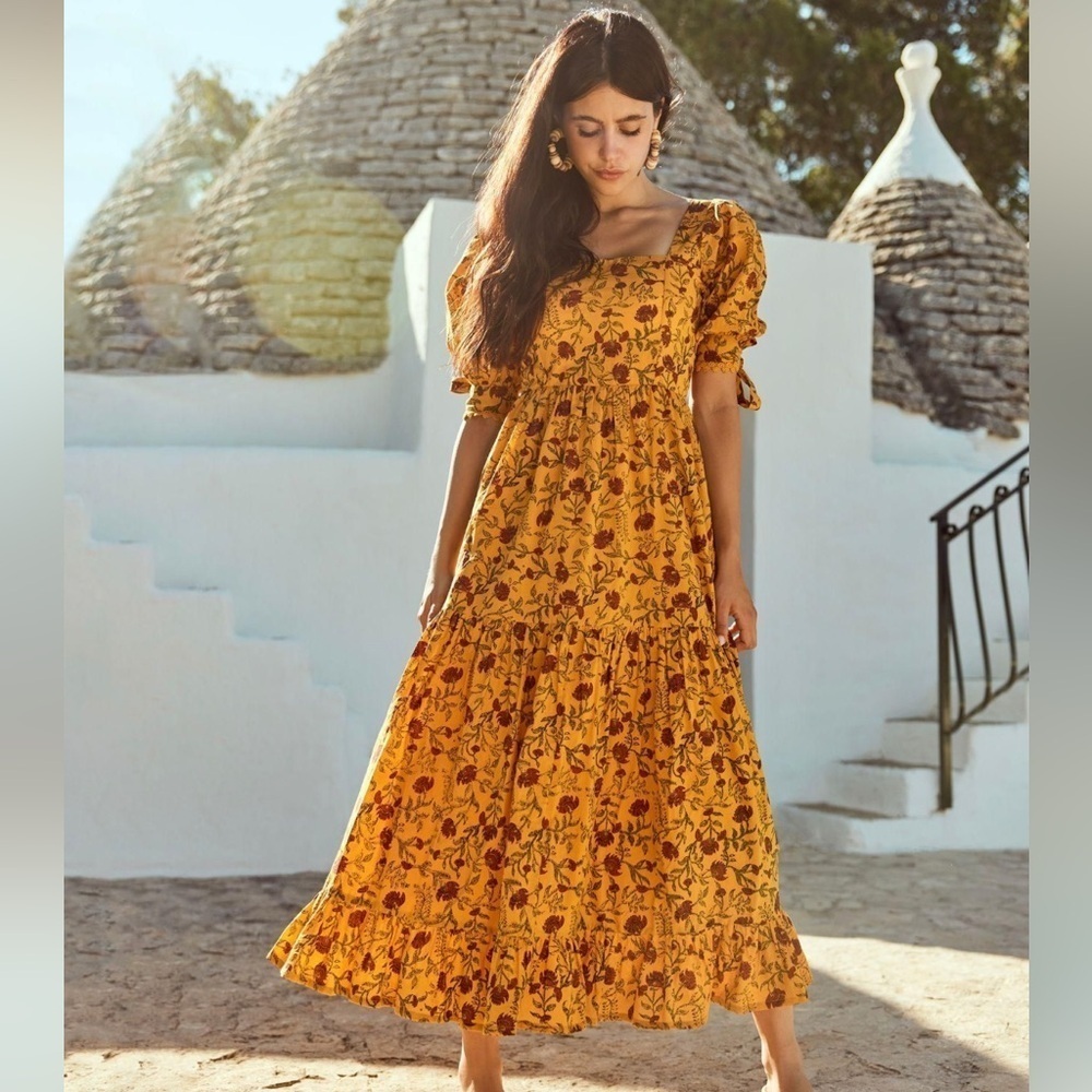 Nwt $378 Eddy Barbara Square Neck Floral Yellow Dress Sz 2